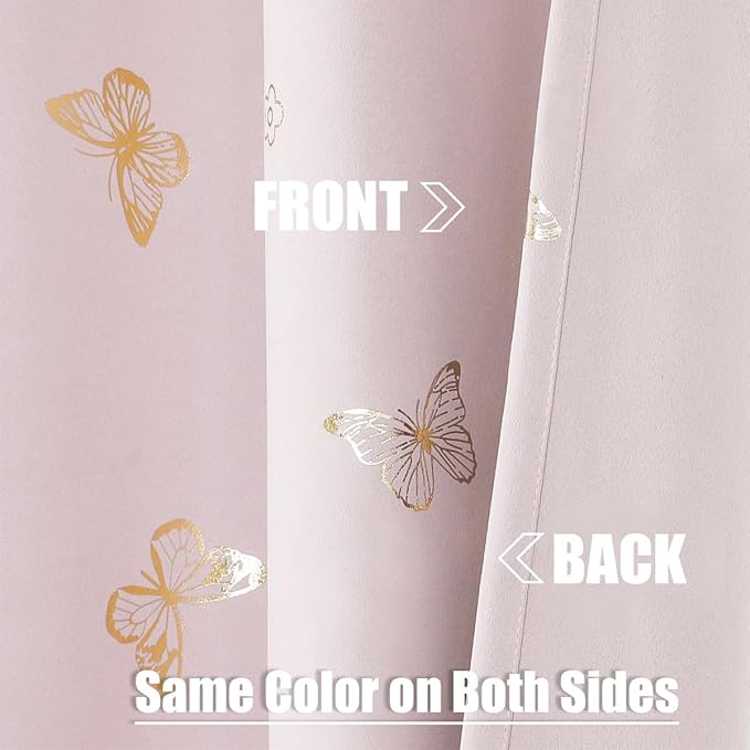 Jubilantex Lavender Pink and Gold Butterfly Blackout Curtains 63" Length for Baby Girls Nursery Bedroom 80% Blackout Grommet Window Treatment,1 Pair