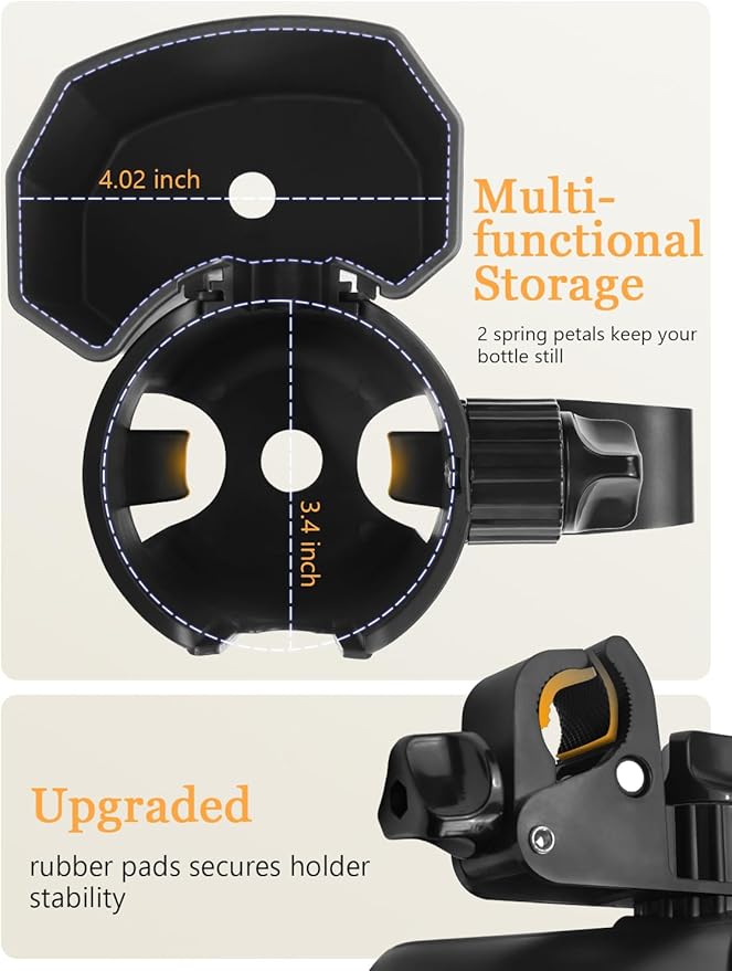 Universal Stroller Cup Holder with Phone Holder, 360° Rotatable Strong Clip, Big Storage Space for Walker, Wheelchair, Stroller, Bike