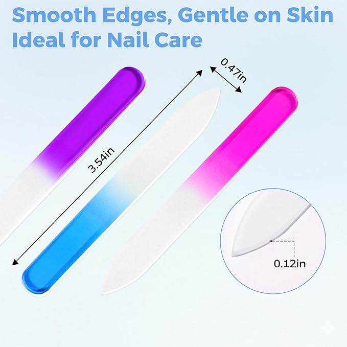 SIUSIO 30PK Professional Glass Nail Files for Natural Nails Czech Short Crystal Nail File Buffers for Nail polishing - The Best Emory Boards for Fingernail & Toenail Care (Purple & Pink & Blue)