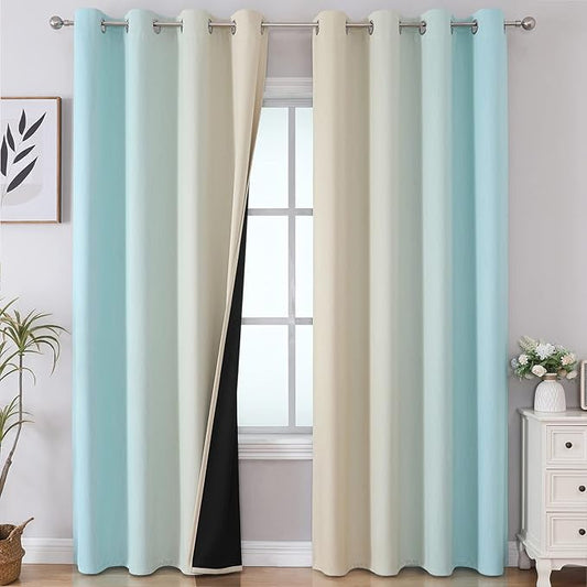 Estelar Textiler Beige and Aqua Blackout Curtains for Bedroom, Thermal Insulated Drapes 108 Inches Long, Full Light Blocking Energy Saving Long Curtains for Living Room, 52Wx108L, 2 Panels