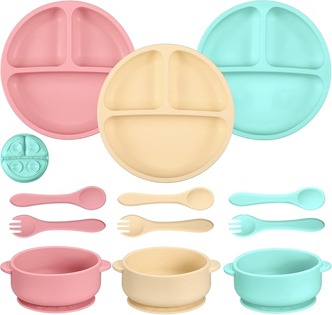 CHENGU 12 Pcs Silicone Bowl with Suction Set for Baby Toddler with Suction Plate, Spoon and Fork, Divided Design Baby Feeding Utensils Weaning Kit, Dishwasher and Microwave Safe