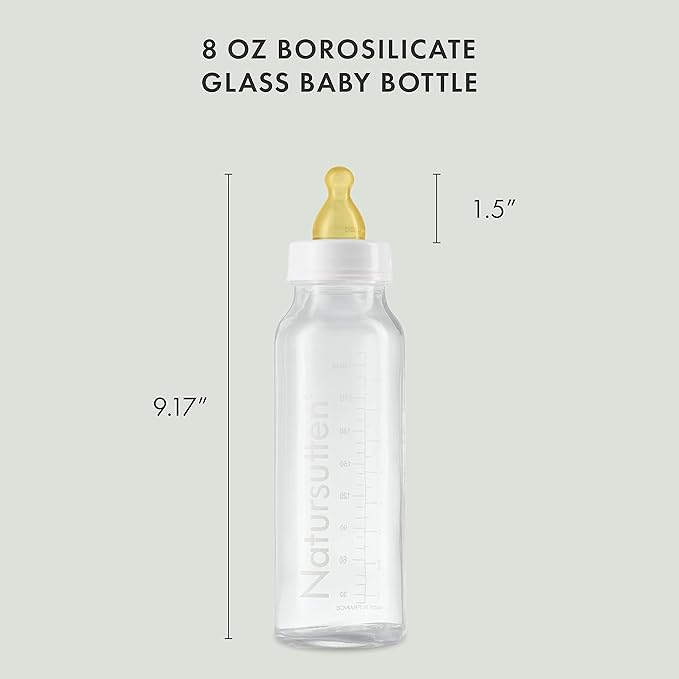 Natursutten Anti-Colic Glass Baby Bottle 2-Pack - 8 Ounce Bottles for Breastfeeding Babies - Newborn Bottles Set: Natural Rubber Slow-Flow Bottle Nipples, Seals, Valves, Baby Bottle Caps