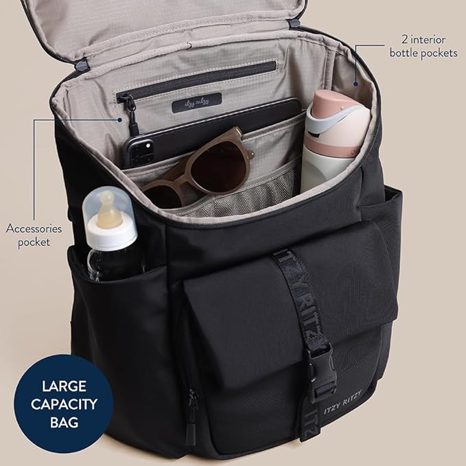 Itzy Ritzy Belong Bucket Backpack – Lightweight Diaper Bag Backpack Featuring 16 Pockets, Bucket Top Opening, Stroller Straps & Changing Pad; Organized and Stylish Everyday Family Backpack (Black)