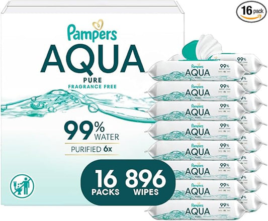 Pampers Aqua Pure Baby Wipes, 99% Water, Fragrance Free, 896 Baby Wipes Total (16X Flip-Top Packs) [Packaging May Vary]