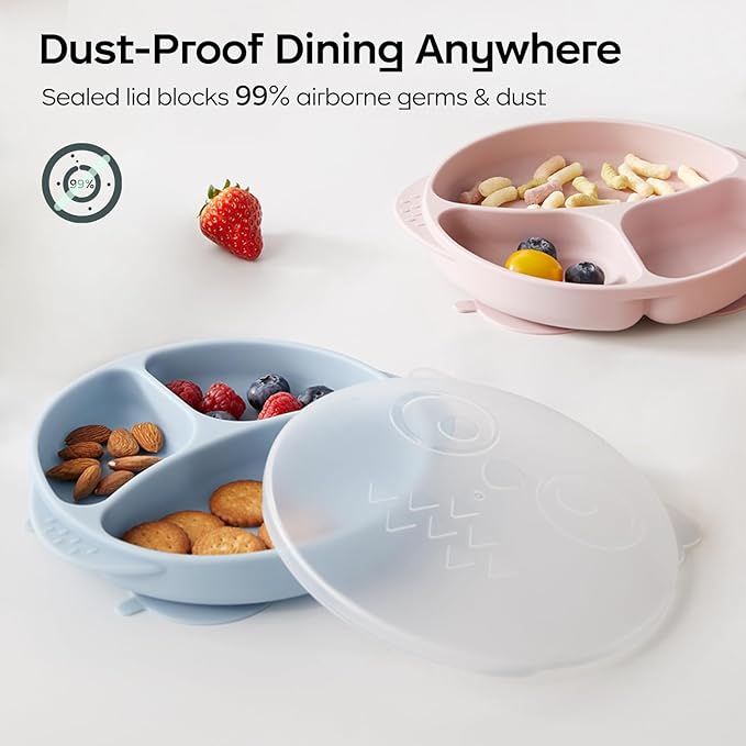 bc babycare Silicone Toddler Plates with Lids, Baby Plates with Suction Base, Microwave & Dishwasher Safe, BPA-Free Divided Plates for Kids 3 Pack Pink & Green & Blue