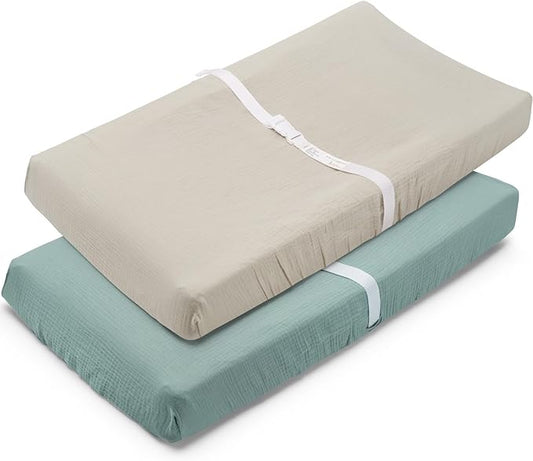 PET REJOIR Muslin Changing Pad Cover for Baby Girls Boys-2 Pack 17"x 33" Cotton Soft Breathable Diaper Changing Pad Cover-Cozy Changing Pad Sheets-Neutral Boho Sage Green & Beige