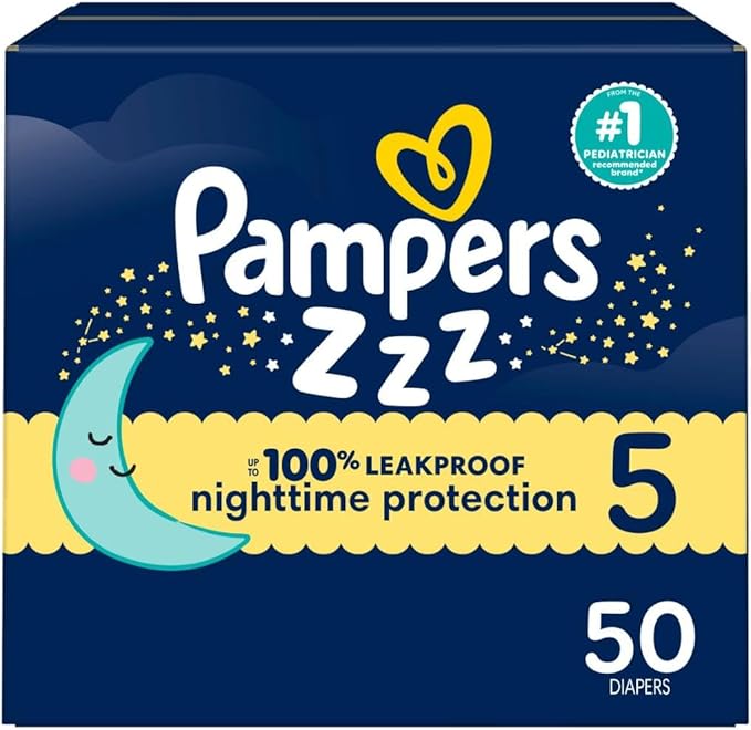 Pampers ZZZ Overnight Diapers, Size 5 (27+ lbs), 50 Count, Nighttime Protection Disposable Baby Diaper, Night Time Leak and Skin Protection