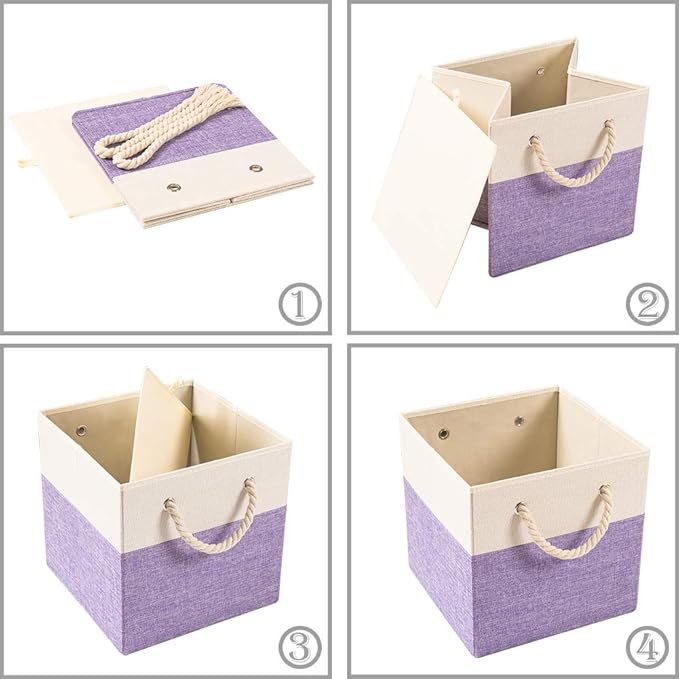 PRANDOM Large Foldable Cube Storage Bins 13x13 inch [4-Pack] Fabric Linen Storage Baskets Cubes Drawer with Cotton Handles Organizer for Shelves Nursery Closet Bedroom Purple