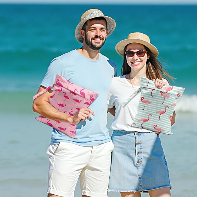 2Pcs Flamingo Print Wet Bags, Wet Dry Bag Reusable Zipper Pouch for Swimsuit, Diapers, Pool, Beach, Dirty Yoga Gym Clothes, Toiletries, Waterproof Birthday Christmas Gifts
