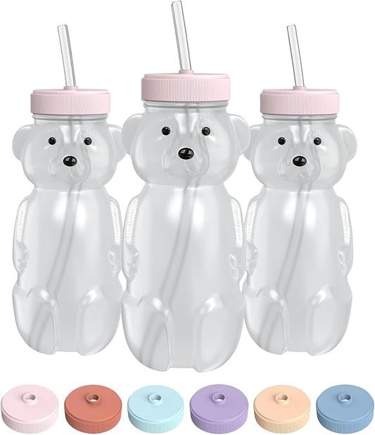 The 730 Project Honey Bear Straw Cup for Babies, 8-oz Honey Bear Cup with Lid, 3-Pack Therapy Learning Honeybear Straw, Baby Bottle Set, Cherry Blossom PINK