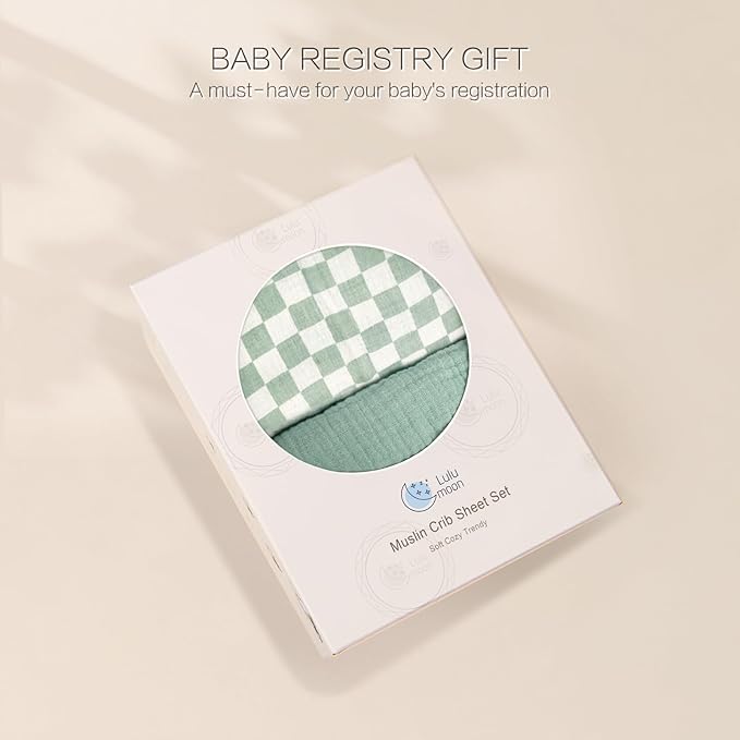 lulumoon Baby Muslin Crib Sheets: Soft & Breathable Fitted Crib Sheets for Boys - Green Square Sheets for Standard Crib 2Pack