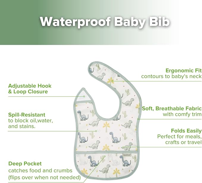 haakaa Waterproof Baby Bibs for Eating, Soft & Lightweight Toddler Bibs with Food Pocket, Easy Wipe Clean, Ages 6–24M, 2 Pack