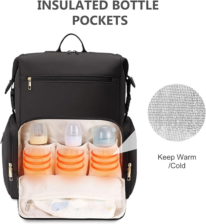 CEI-CEI Neoprene Diaper Bag Backpack with Changing Pad, Large Newborn Baby Maternity Bags Travel Tote with Insulated Pockets (Black)