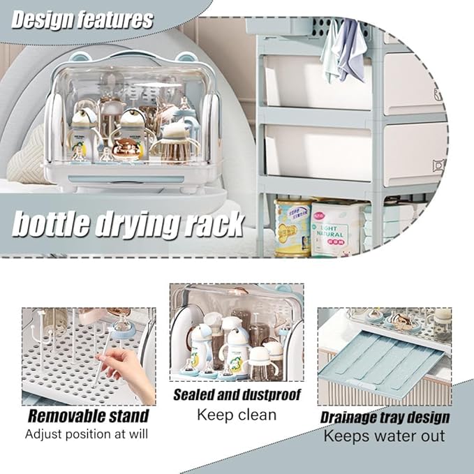 Nollapo Transparent Baby Bottle Drying Rack with Double Lid and Removable Drain Tray Dust-Proof Baby Bottle Storage Box, Space Saving Baby Bottle Rack Dryer (Blue - Large)