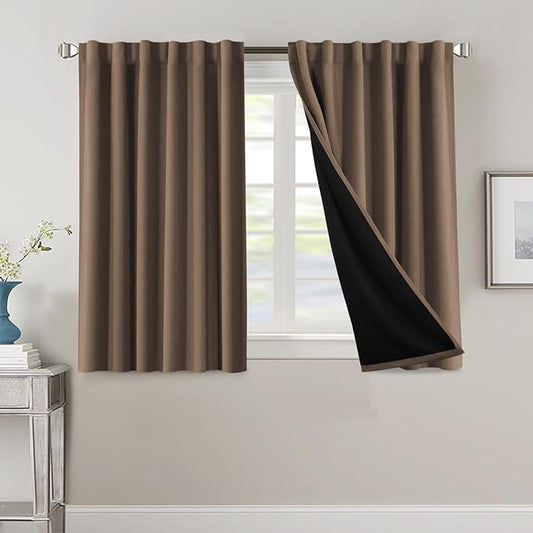H.VERSAILTEX 100% Blackout Curtains for Bedroom with Black Liner Full Room Darkening Curtains 45 Inch Long Thermal Insulated Back Tab/Rod Pocket Window Drapes for Living Room, 2 Panels, Macchiato