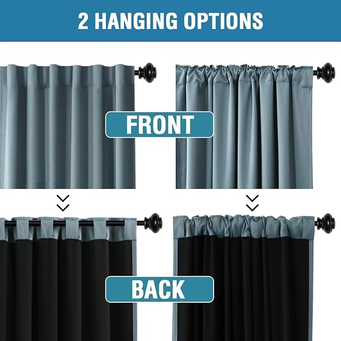 H.VERSAILTEX 100% Blackout Curtains for Bedroom with Black Liner Full Room Darkening Curtains Thermal Insulated Back Tab/Rod Pocket Window Drapes for Living Room, 2 Panels, 42 x 63 Inch, Stone Blue