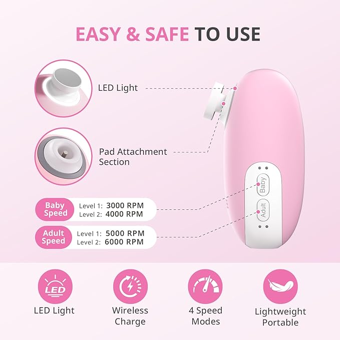 AIRSEE Premium Newborn Gift, Electric Baby Nail File, Cordless Safe Infant Nail Trimmer with 6 Replacement Pads, Magnetic Rechargeable Base, 360° LED Light, Baby Grooming Kit Gift (Candy Pink)