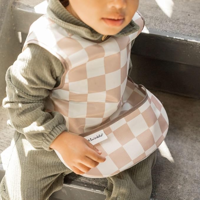 Tiny Twinkle Mess Proof Baby Bib for Boys | Waterproof Toddler Bib for Eating | Baby Apron for Feeding, Machine Washable | Perfect Shower Gift (Brown Checkers, 6–24M)