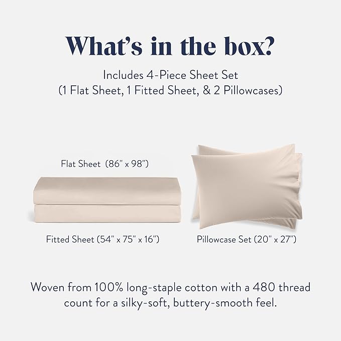 Brooklinen Luxury Sateen 4 Piece Sheet Set - 100% Cotton Bed Sheets, Soft & Durable Full Size Sheet Set in Pebble, Oeko-TEX Certified Bedding Set, 1 Fitted Sheet, 1 Flat Sheet, 2 Pillowcases