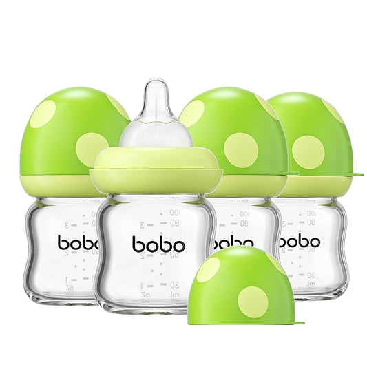 YOHKOH Natural Glass Baby Bottle with Level 1 Slow Flow Nipple, Newborn Anti-Colic Baby Bottles, Wide Neck Mushroom Baby Glass Bottle (Green, 3.4oz (Pack of 4))