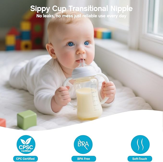 Sippy Straw Nipple for Dr. Brown's Wide-Neck Baby Bottles & Sippy Spout Bottles,Leak-Proof Replacement Silicone Bottle Nipple BPA-Free, 8m+, 4 Count