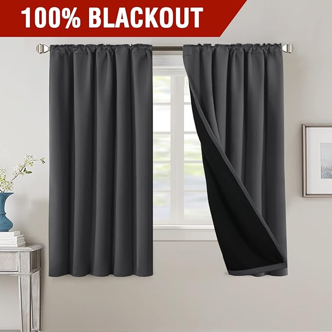 H.VERSAILTEX 100% Blackout Curtains for Bedroom with Black Liner Full Room Darkening Curtains 63 Inch Long Thermal Insulated Back Tab/Rod Pocket Window Drapes for Living Room, 2 Panels, Charcoal Grey