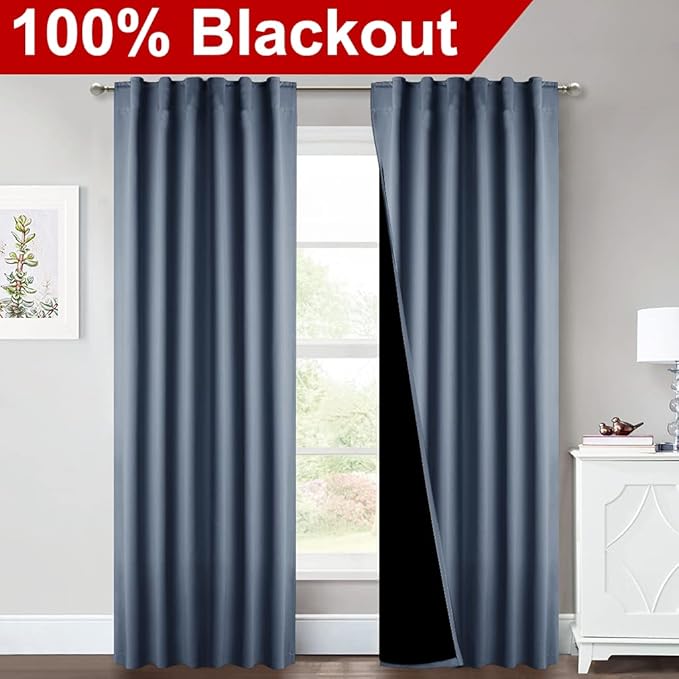 NICETOWN 100% Blackout Curtains 84 inches Long, Pair of Energy Smart & Noise Blocking Out Drapes for Baby Room Window, Thermal Insulated Guest Room Lined Window Dressing (Stone Blue, 52 inches Wide)