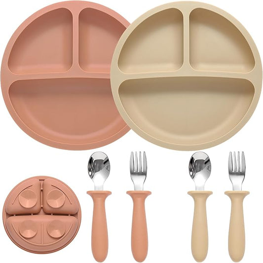 Eascrozn Silicone Baby Feeding Set, 2 Pack Divided Suction Plates for Baby, 2 Pack Spoons and Forks Set Baby Eating Essentials, Feeding Supplies for Toddler Utensils, BPA Free