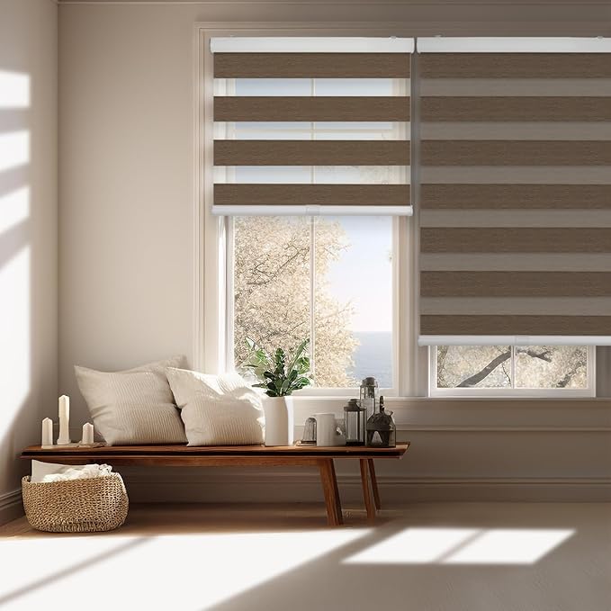FOIRESOFT Standard Cordless Custom Blackout Zebra Roller Shades and Blinds for Windows [Bonita, Brown, W 20-81 x H 20-84 inch] Dual Layer Sheer Room Darkening, Select 1x1 for Custom