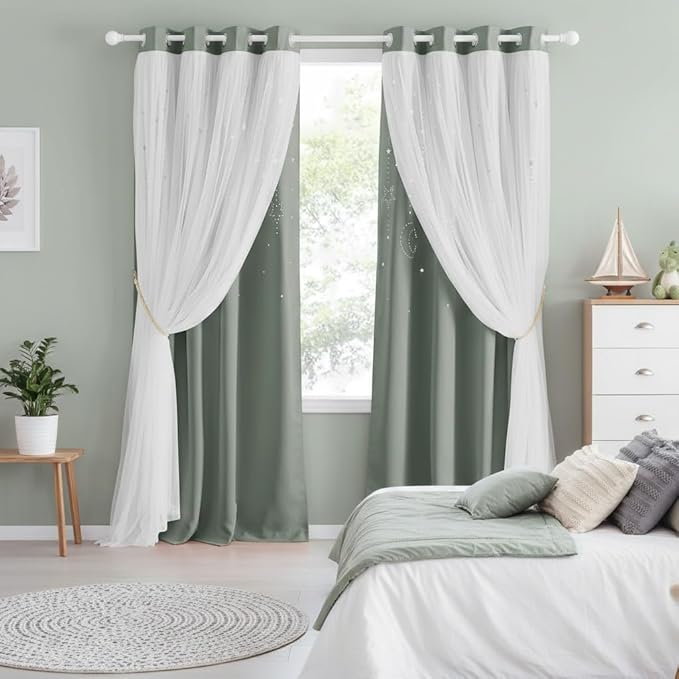 NICETOWN Nrsery Curtains for Girls Bedroom Nursery Room Darkening Curtains Star Moon Cutout Princess Room Decor for Daughter Bedroom Window, 52" Wide x 84" Long, 2 Panels, Sage Green