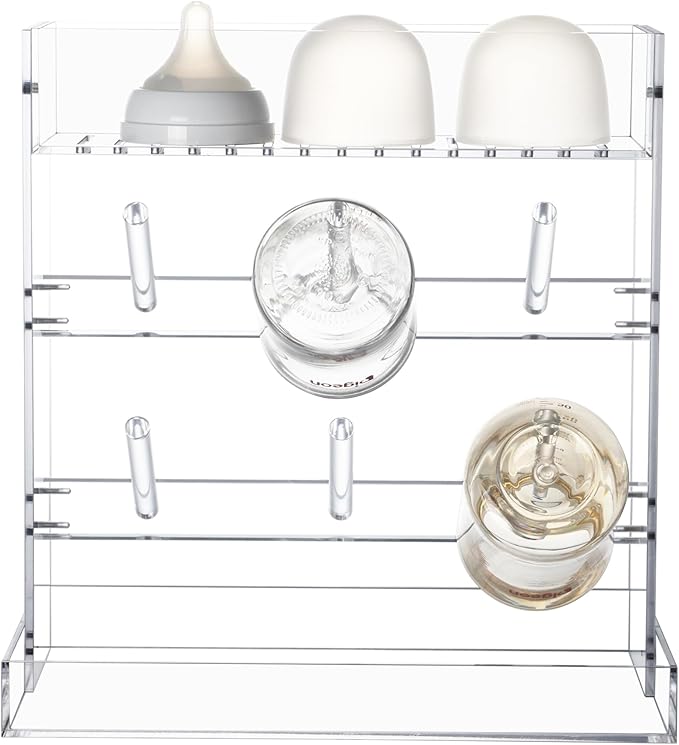 Heyrelda Baby Bottle Drying Rack Space Saving Vertical Acrylic Stand with Drip Tray – Clear Countertop Organizer for Bottles, Baby Accrssories – Fast Drying and Easy Cleanup - 10.3 x 6.3 x 10.6 in