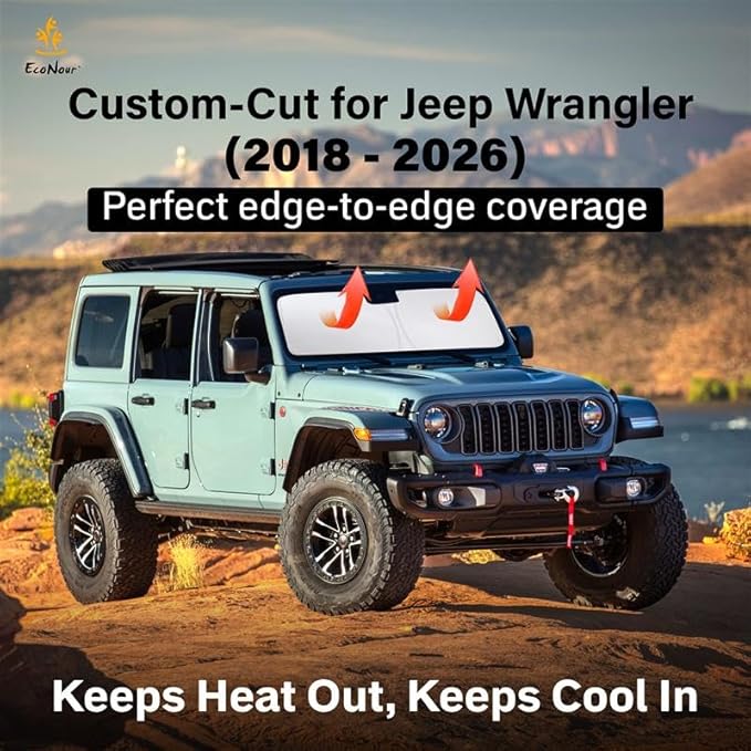 EcoNour Windshield Sunshade for Jeep Wrangler & Gladiator 2018–2026| Foldable Custom Fit Sun Visor Protector | Blocks UV Rays & Heat | Front Window Jeep Accessory | Keeps Jeep Interior Cool & Comfort