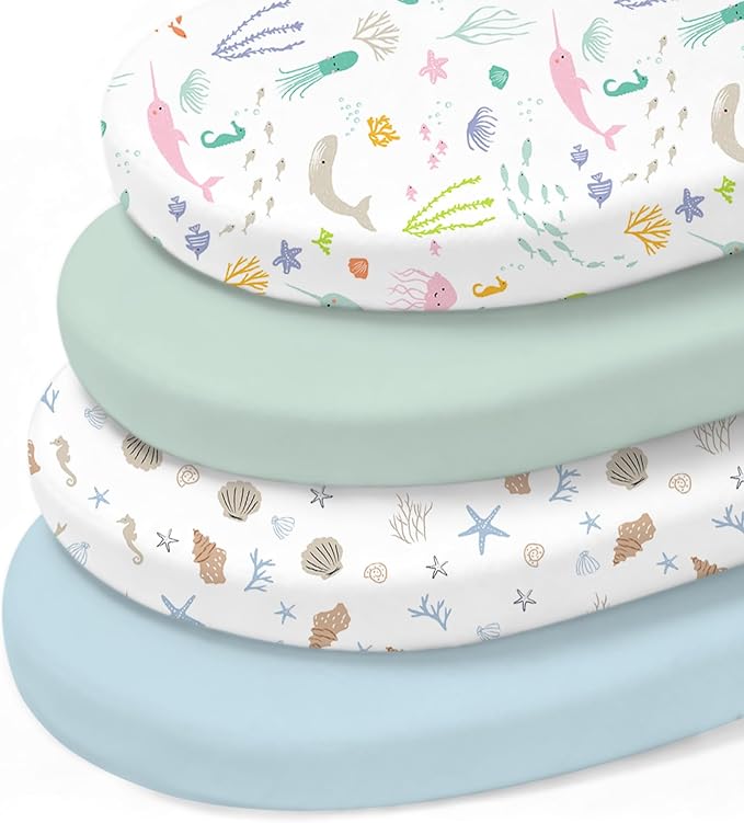 Little Grape Land Bassinet Sheets 4 Pack, 33" x 18" Fitted Bassinet Sheets Up to 4" Deep Pocket, Ultra Soft Baby Bassinet Fitted Sheets for Bassinet Mattress, Ocean Friends