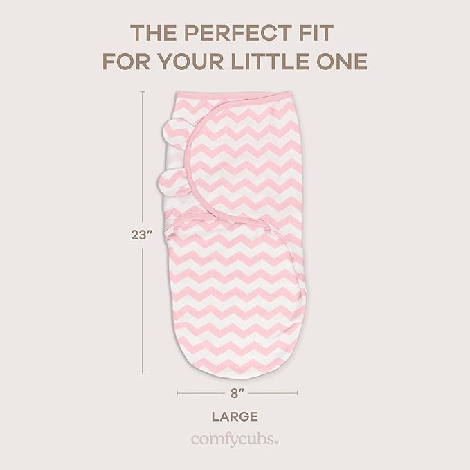 Comfy Cubs Easy Swaddle Blanket, 3 Pack - 100% Cotton Newborn Wrap, Large for 3-6 Months Infants, with Adjustable Velcro, Breathable and Durable Sleep Sack for Babies - Pink