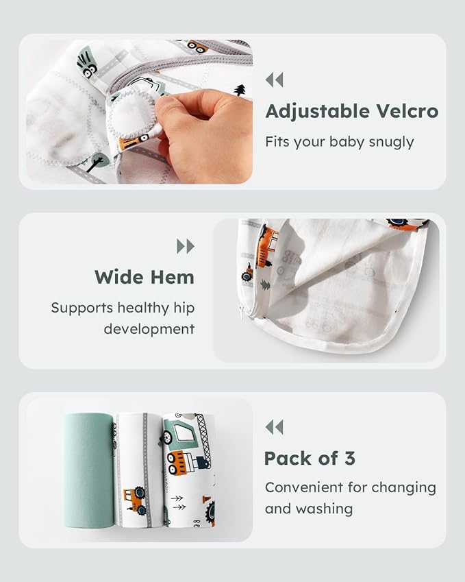 Baby Swaddles for Newborns with Zipper, 100% Cotton Newborn Swaddle Sack, 3 Pack Baby Swaddles 0-3 Months Swaddle Sleep Sack for Newborn Baby Boy Girl Green Excavator