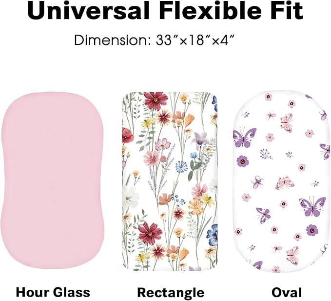 Little Grape Land Bassinet Sheets 4 Pack, 33" x 18" Fitted Bassinet Sheets Up to 4" Deep Pocket, Ultra Soft Baby Bassinet Fitted Sheets for Bassinet Mattress, Butterfly Meadow