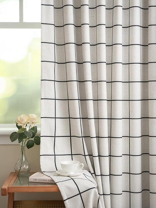 Plaid Pinch Pleated Curtains - Modern Luxury Linen Buffalo Blackout Drapes, Thermal Insulated Double Layer Window Panels for Living Room Bedroom, 120 Inches Long Black 2 Panels Set