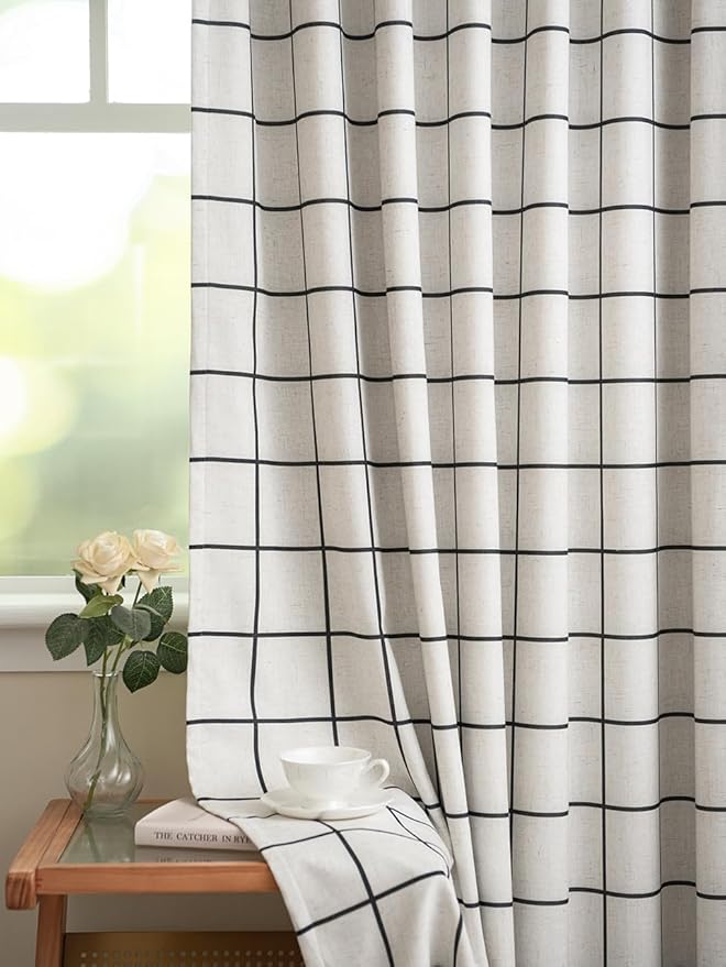 Plaid Pinch Pleated Curtains - Modern Luxury Linen Buffalo Blackout Drapes, Thermal Insulated Double Layer Window Panels for Living Room Bedroom, 90 Inches Long Black 2 Panels Set
