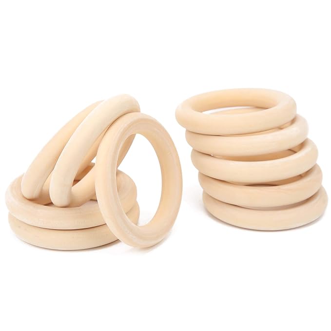 10Pcs Teething Rings, 65mm Baby Unfinished Wood Circles Without Paint, Smooths Circles for Crafts DIY Jewelry Pendant Connectors (Wood Color-65mm)