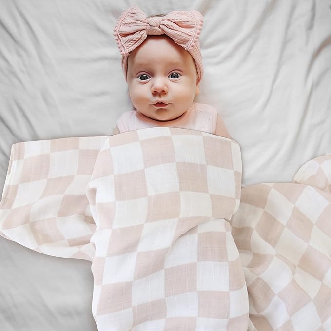 LifeTree Muslin Swaddle Blankets for Baby Girl, 2-Pack 70% Viscose from Bamboo and 30% Cotton Large Swaddle Blankets (47" x 47"), Floral & Dusty Pink Checkered