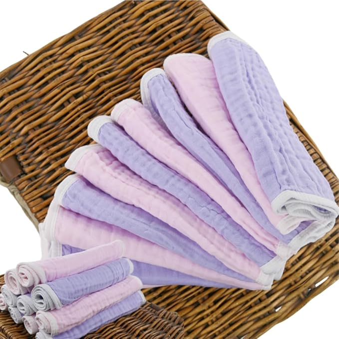Synrroe Burp Cloths Large, Muslin Burp Cloths for Baby Girls, Pack of 10 Extra Absorbent and Soft Muslin, 6 Layers 20 by 10 Inches 100% Cotton (Pink-Purple 10 Pack)