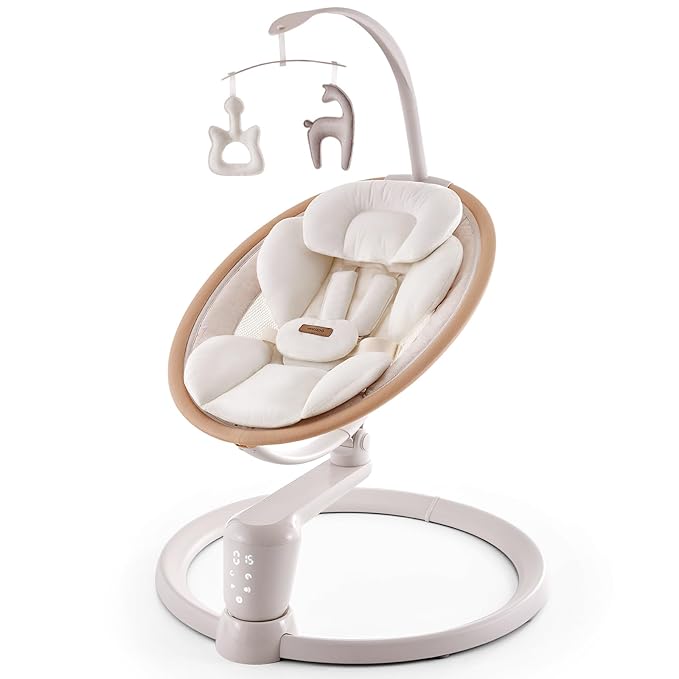 HARPPA Electric Baby Swing for Infants 0–6 Months, Baby Swing with Toy Bar and Sounds, Remote Control, 5 Speeds, 2 Seat Positions & 180° Rotation for Indoor Use, Warm Sand