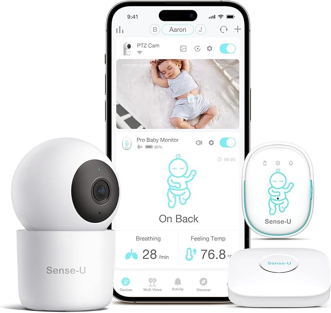 Sense-U Pro Baby Breathing Movement Monitor with 2.5K PTZ Camera: Track Breathing with Gentle Vibration, Sleep Position, Temperature Notifications, 2.5K Video, Background Audio, No Monthly Fee