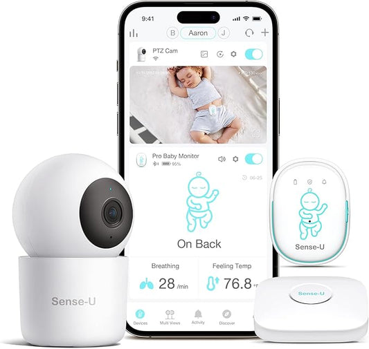 Sense-U Pro Baby Breathing Movement Monitor with 2.5K PTZ Camera: Track Breathing with Gentle Vibration, Sleep Position, Temperature Notifications, 2.5K Video, Background Audio, No Monthly Fee