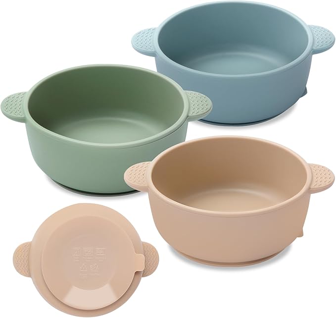 Eascrozn Baby Bowls with Suction, 3 Pack Baby Led Weaning Supplies, Soft Silicone Food Bowl for Babies Kids Toddlers, BPA Free, Microwave and Dishwasher Safe, Multicolor