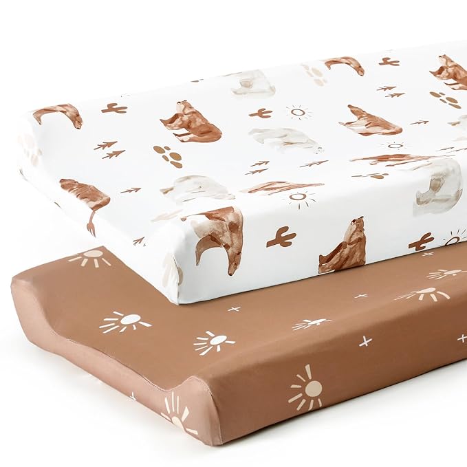 GRSSDER Stretch Ultra Soft Jersey Knit Changing Pad Cover Set 2 Pack, Change Table Pad Covers Fit 32"/34" x 16" Pads Safe and Snug, Cute Diaper Changing Pad Covers of Sunny Bear Print