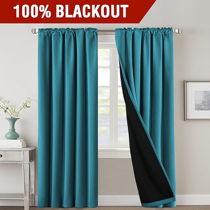 H.VERSAILTEX 100% Blackout Curtains for Bedroom with Black Liner Full Room Darkening Curtain 84 Inch Long Thermal Insulated Back Tab/Rod Pocket Window Drapes for Living Room, 2 Panels, Turquoise Blue