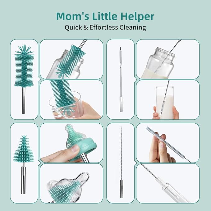 PARTNERJOY 6-in-1 Electric Baby Bottle Cleaner Kit - Rechargeable 360° Rotation Brush with 2-Speed Modes, Silicone/Nipple/Straw Brushes, Formula Mixer & Drying Rack for Home/Travel