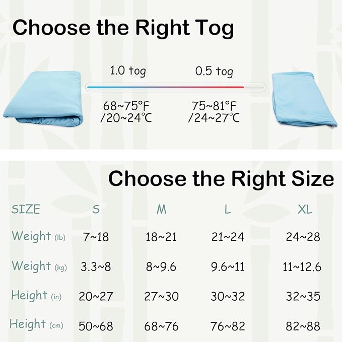 Supersoft Rayon Made from Bamboo Sleep Sack 3-6 Months Newborn Sleep Sack 0-3 Months 1.0 Tog Baby Wearable Blanket with 2-Way Zipper Unisex Sleeping Bag for Babies (2 Pack) Green & Blue
