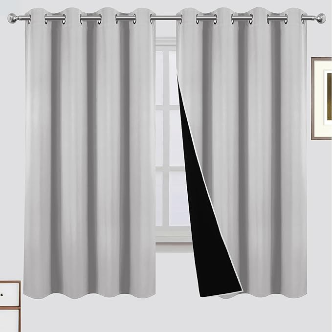 LEMOMO Blackout Curtains 52 x 63 Inch Light Grey Curtains 2 Panels Darkening Thermal Insulated Bedroom Curtains